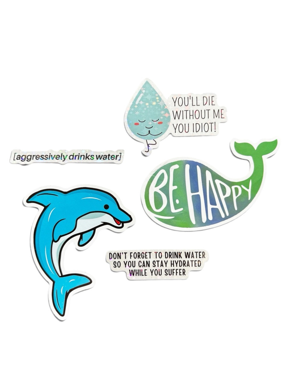 Be Happy Green Blue Whale Hydration Sticker Pack | Water Bottle Laptop